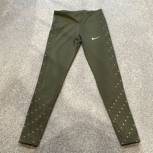 Nike Dri Fit Flash Olive Green and Silver Polka Dot Running Leggings SZ S